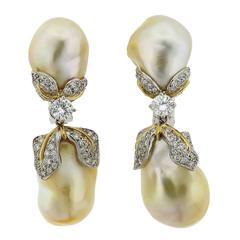 Donna Vock Golden White Baroque Pearl Diamond Gold Platinum Earrings