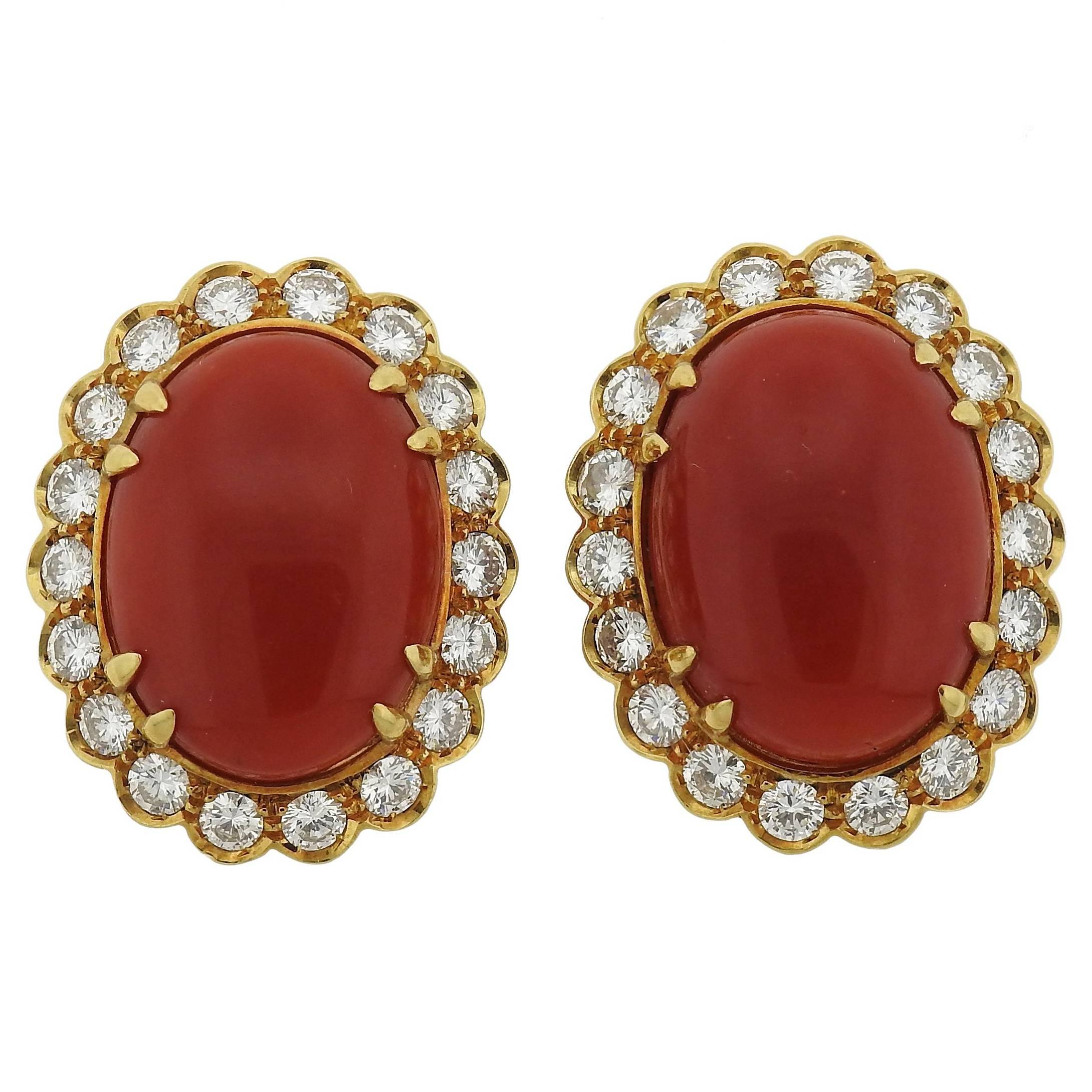 Oxblood Coral Diamond Gold Earrings For Sale