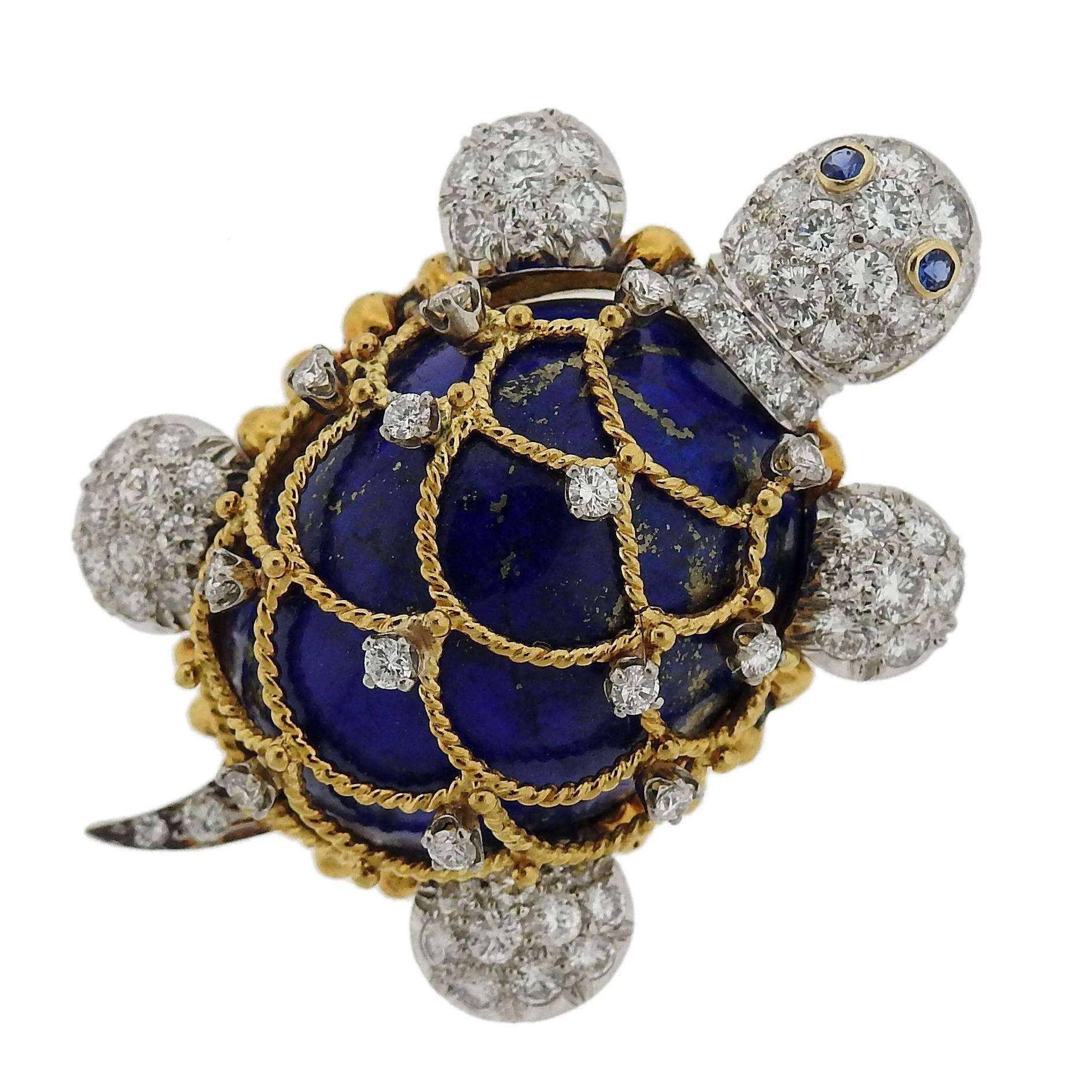 Hammerman Brothers Diamond Lapis-Lazuli Sapphire Turtle Brooch Pin