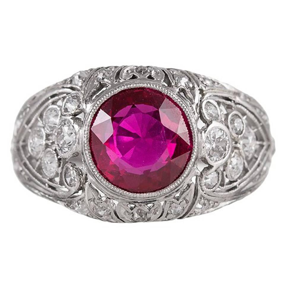 Art Deco 2.02 Carat Ruby Diamond Platinum Ring For Sale