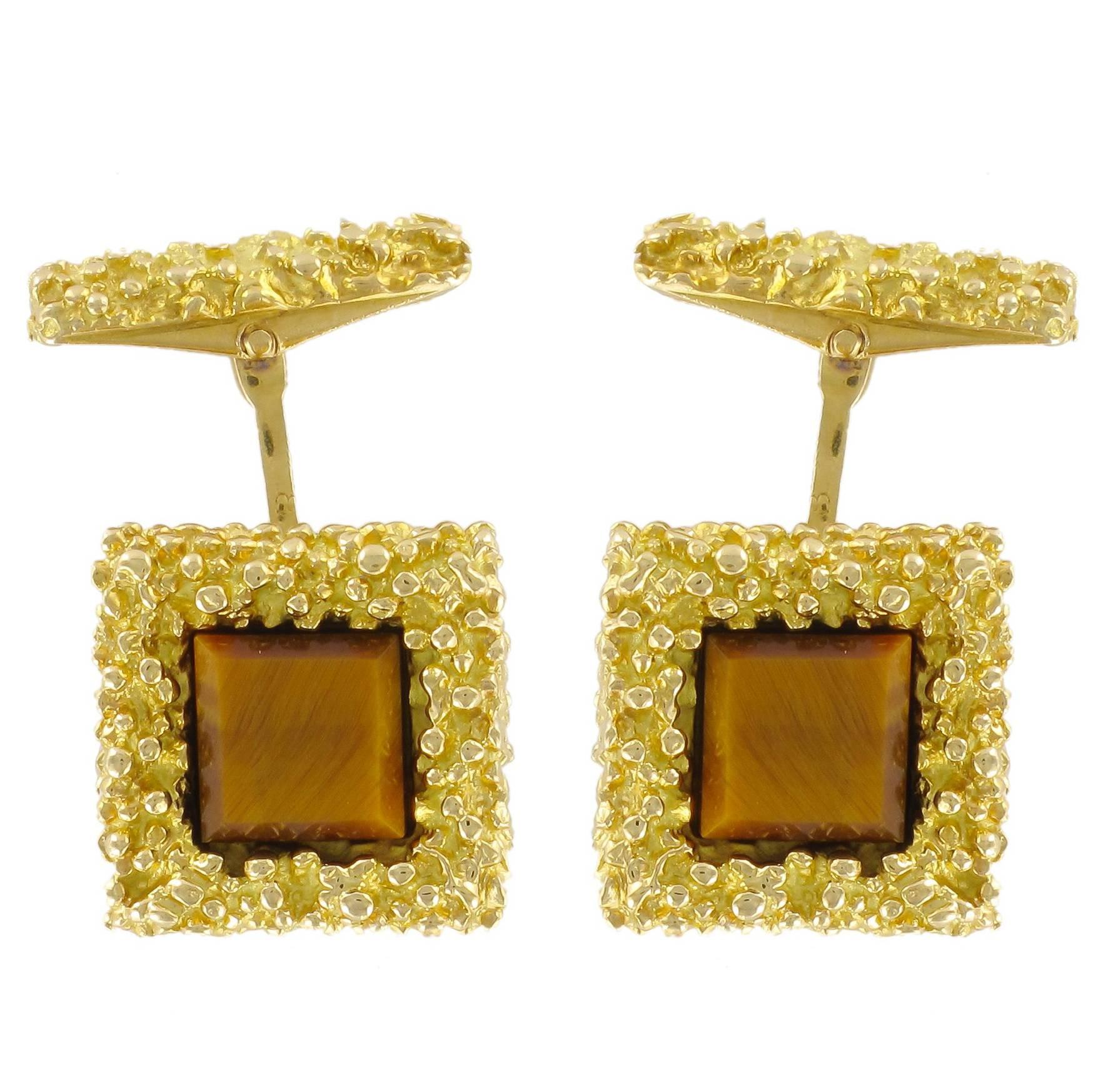 French Unique Tiger's Eye  Gold Cufflinks 