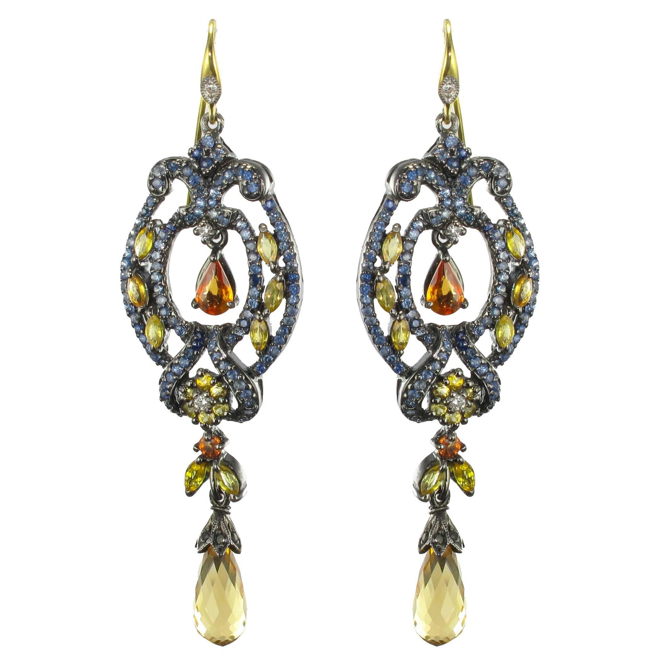 Modern Sapphire and Diamond Dangle Earrings 
