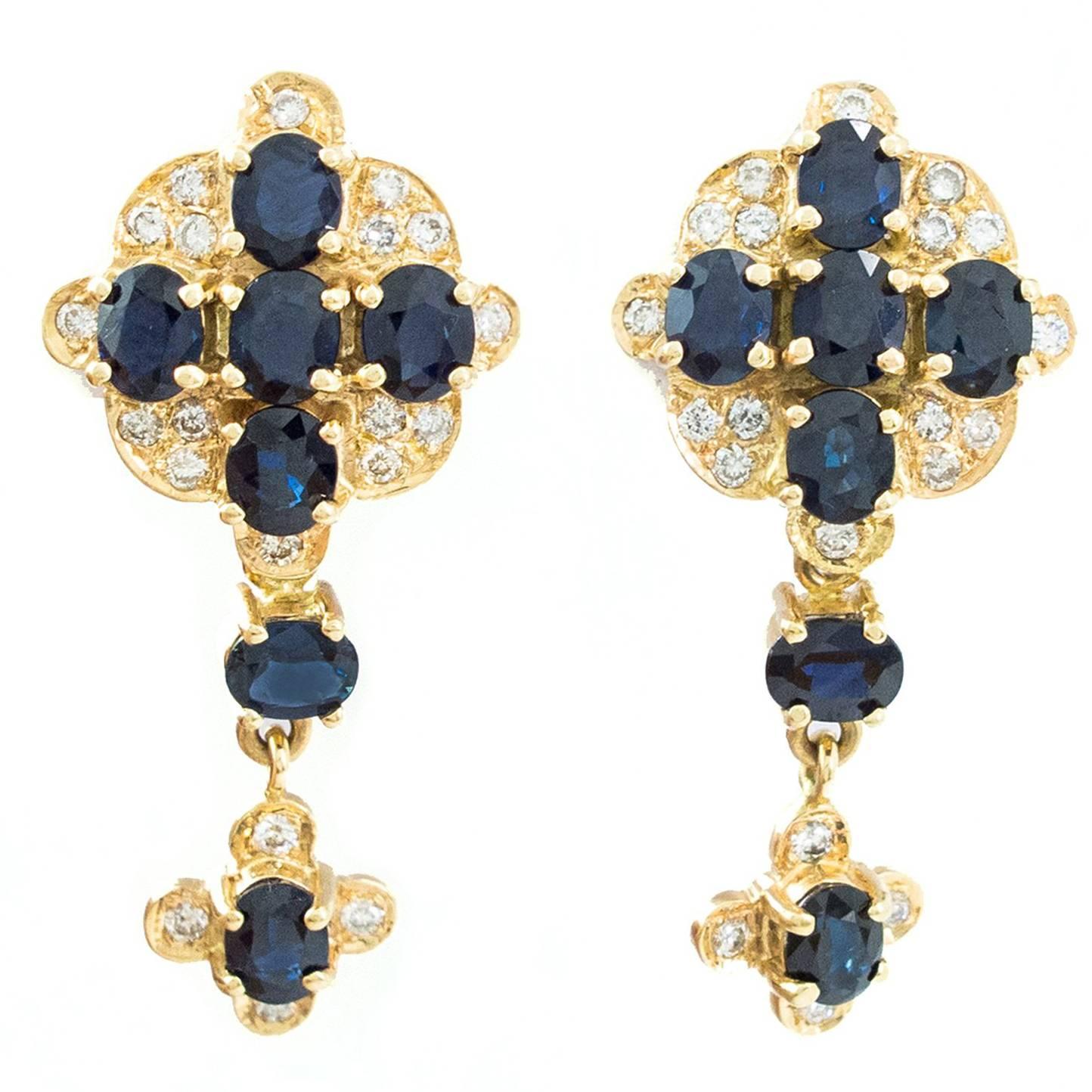 Blue Sapphire Diamond Gold Cross Drop Earrings For Sale