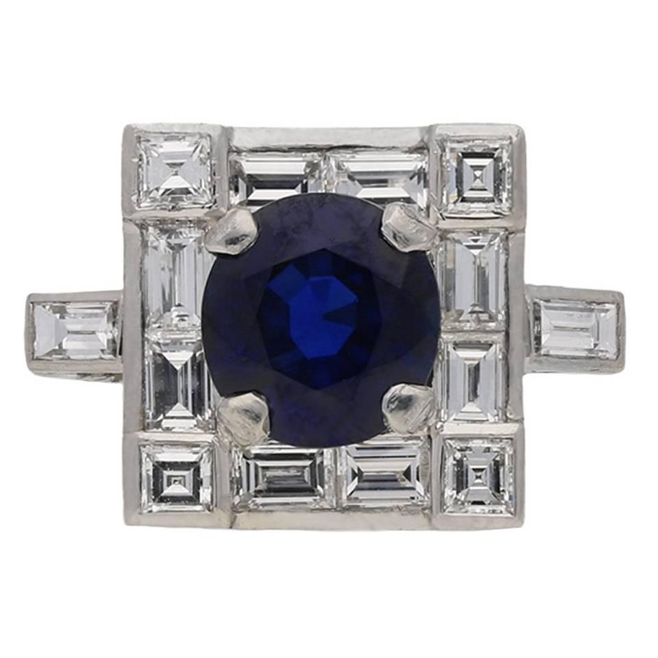 Art Deco Burmese sapphire diamond platinum cluster ring 