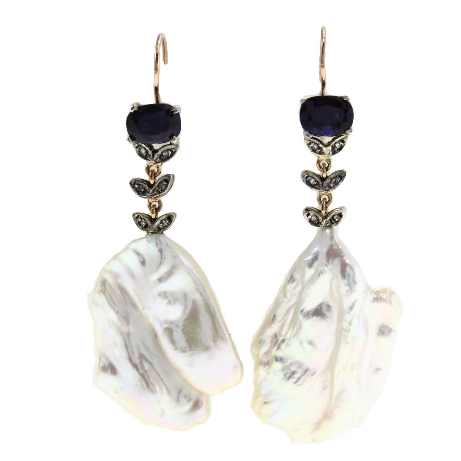 Luise Diamonds blue Sapphires Pearls Gold and Silver Earrings 
