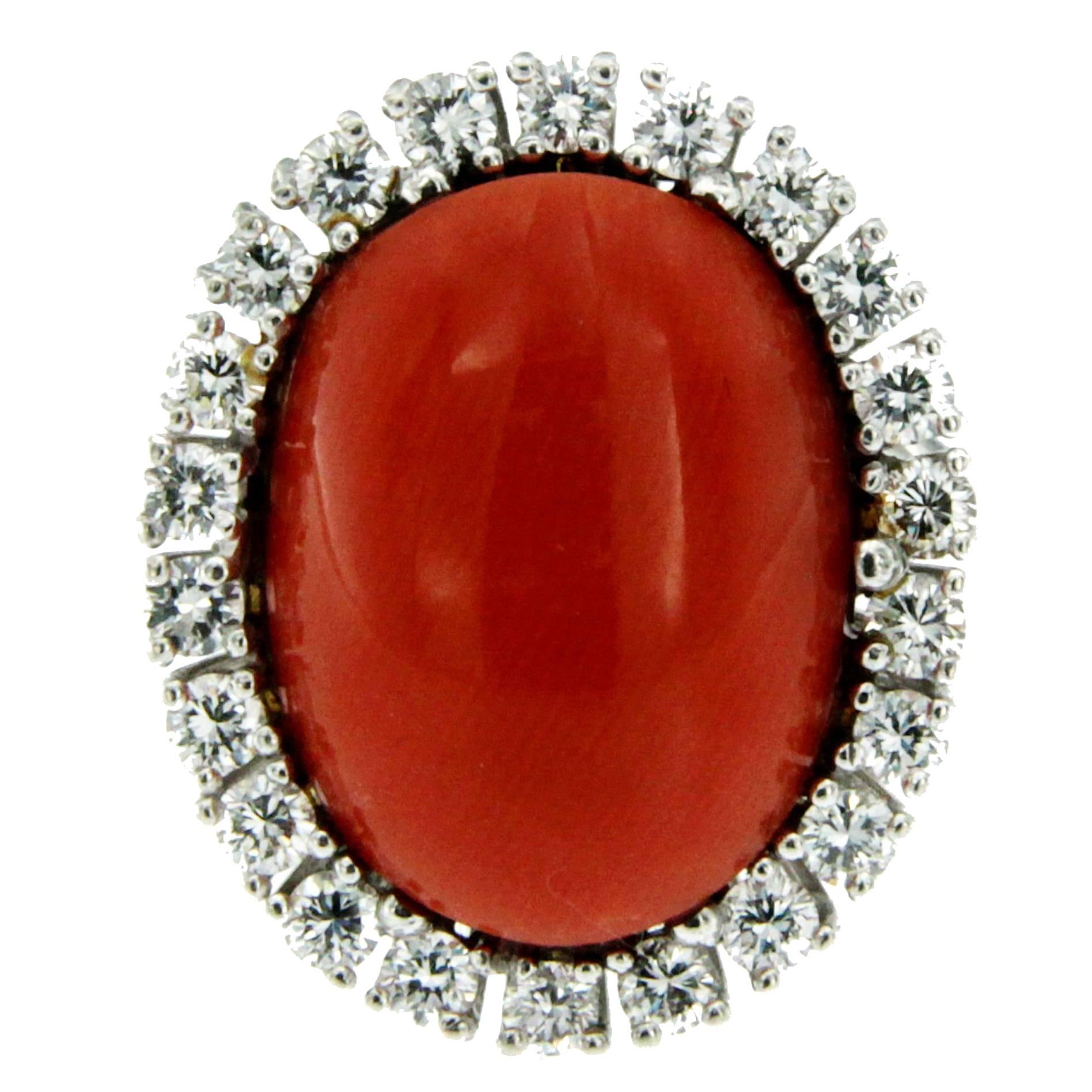 Italian 1960 Natural Coral Diamond Ring