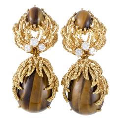 Vintage Diamond and Tiger's Eye Yellow Gold Clip-on Drop Earrings