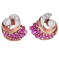 Art Deco Ruby Rose Diamond White Gold Earrings 12