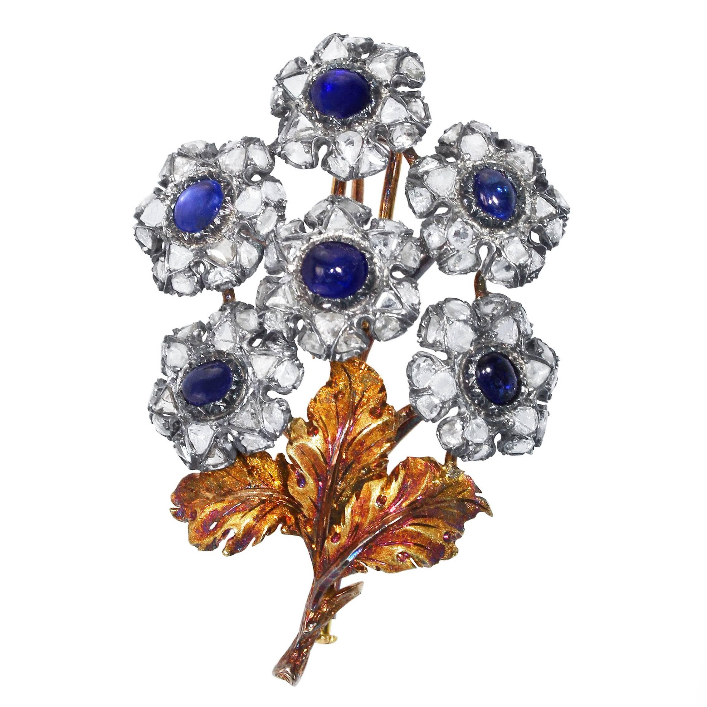 Rare 1930s Mario Buccellati Sapphire and Diamond Flower Brooch For Sale