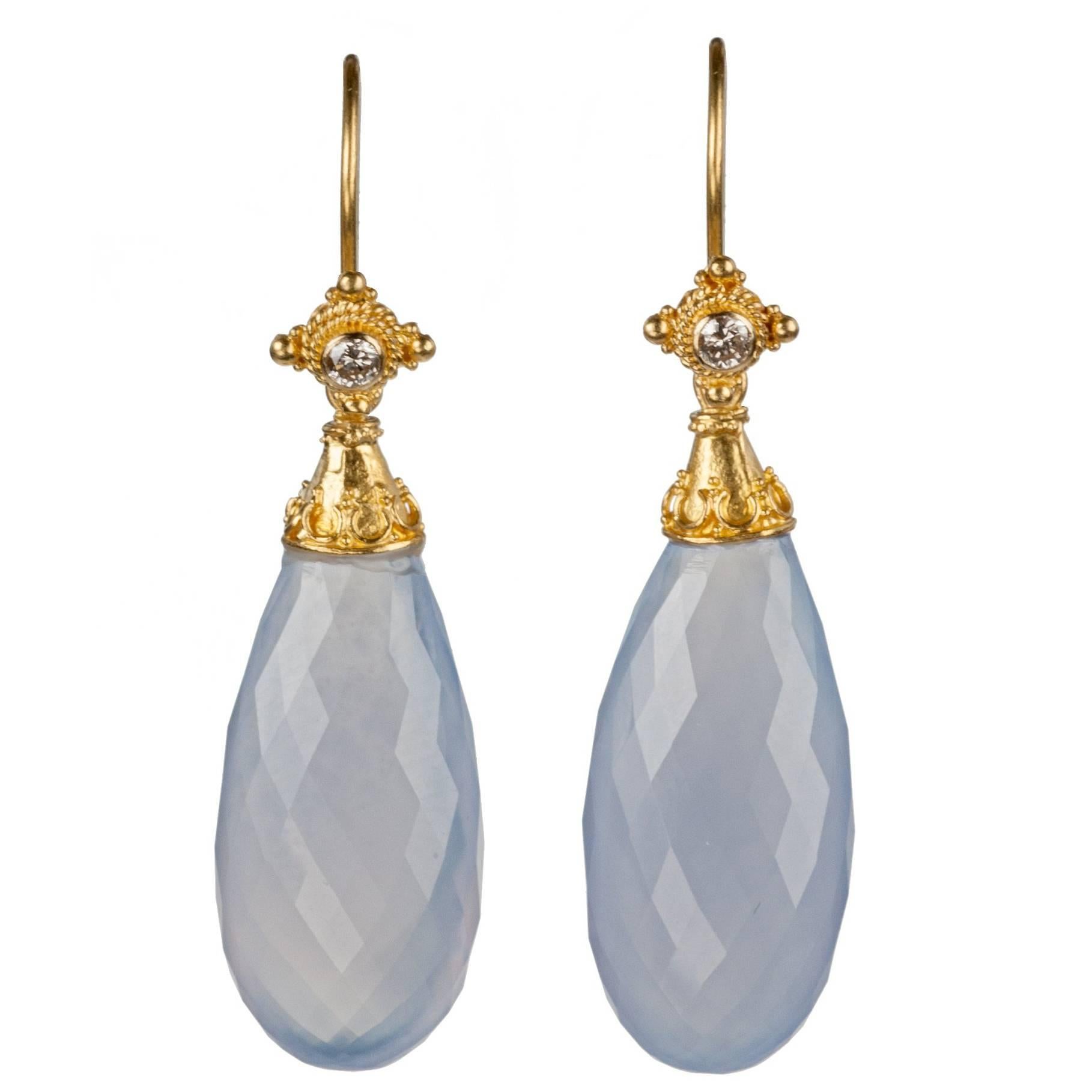 Blue Chalcedony and Diamond Drop Earrings in 18 Karat Gold For Sale