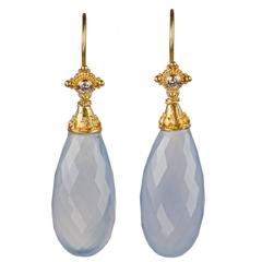 Blue Chalcedony and Diamond Drop Earrings in 18 Karat Gold