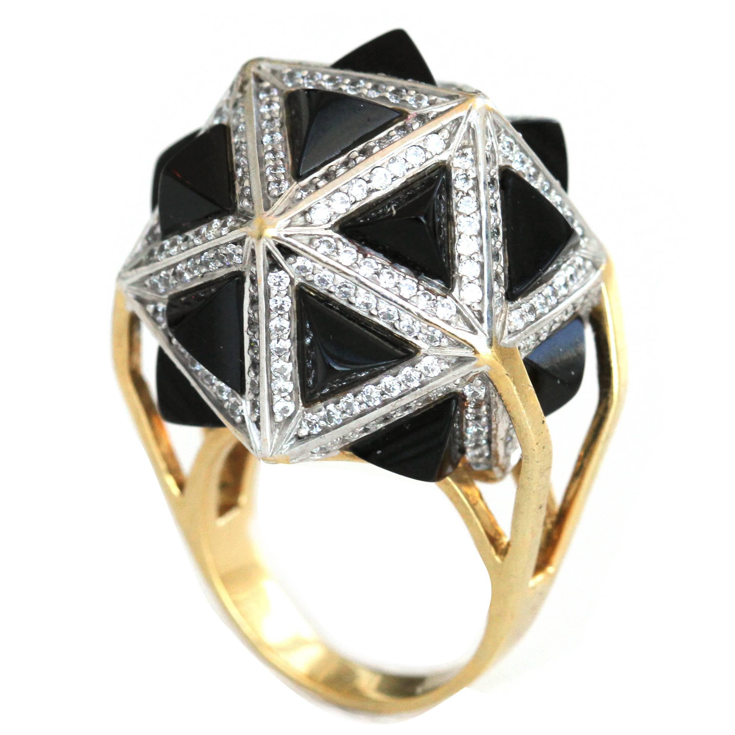 John Brevard One of a Kind White Diamond Black Sapphire Pyramids Gold Ring For Sale