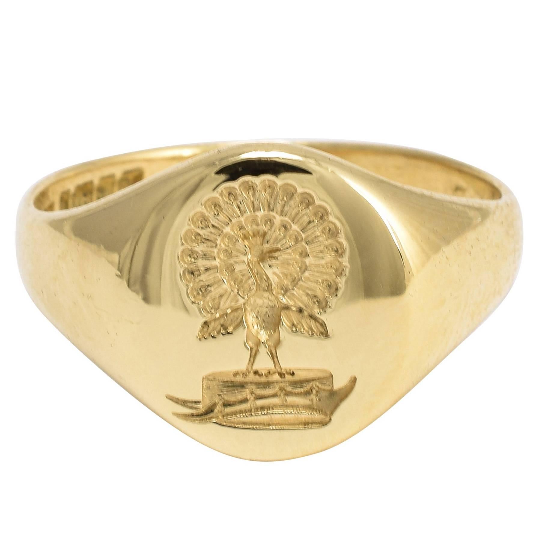 1960s Peacock Intaglio Gold Signet Ring