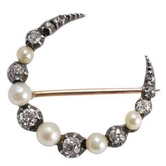 Victorian Pearl Diamond Crescent Moon Brooch 4
