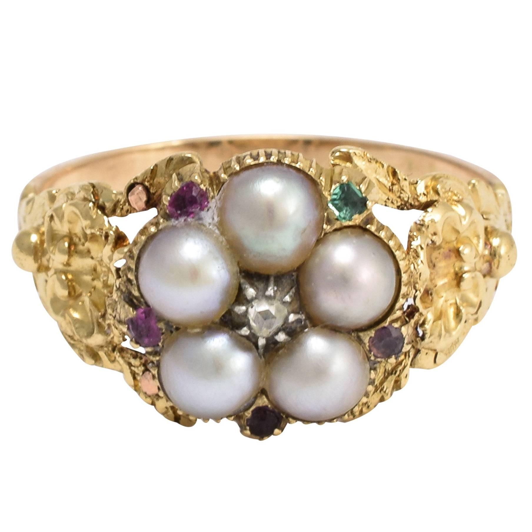 Antique Georgian Acrostic Pearl Gemstone Gold Ring