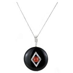 Onyx, Coral and Diamond Pendant 8