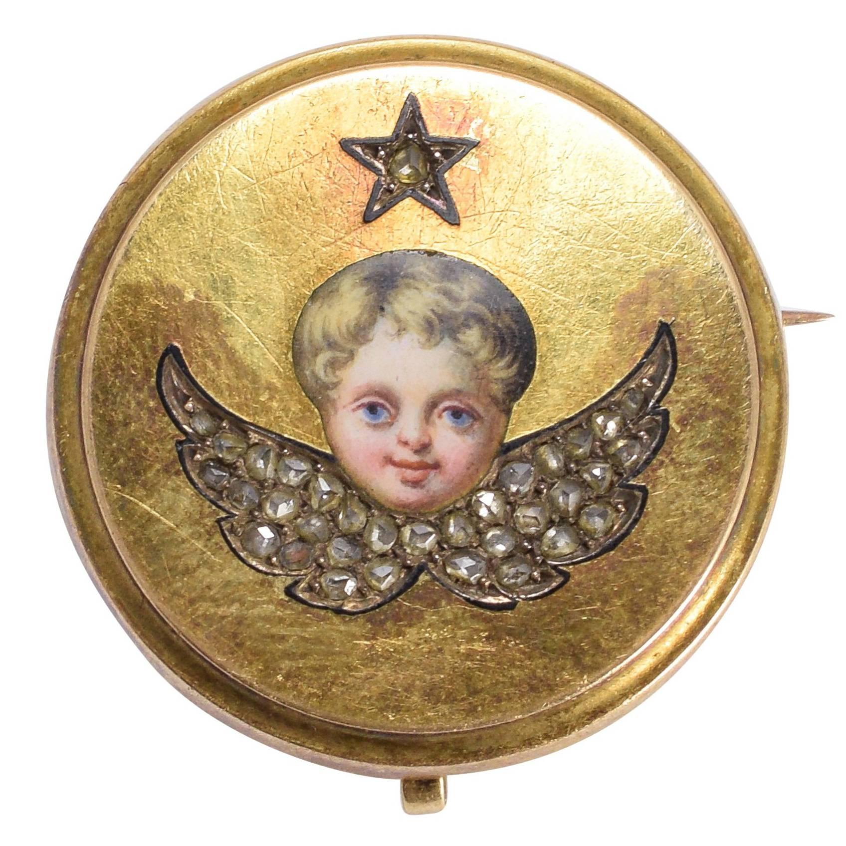 Antique Victorian Enamel Winged Cherub Brooch