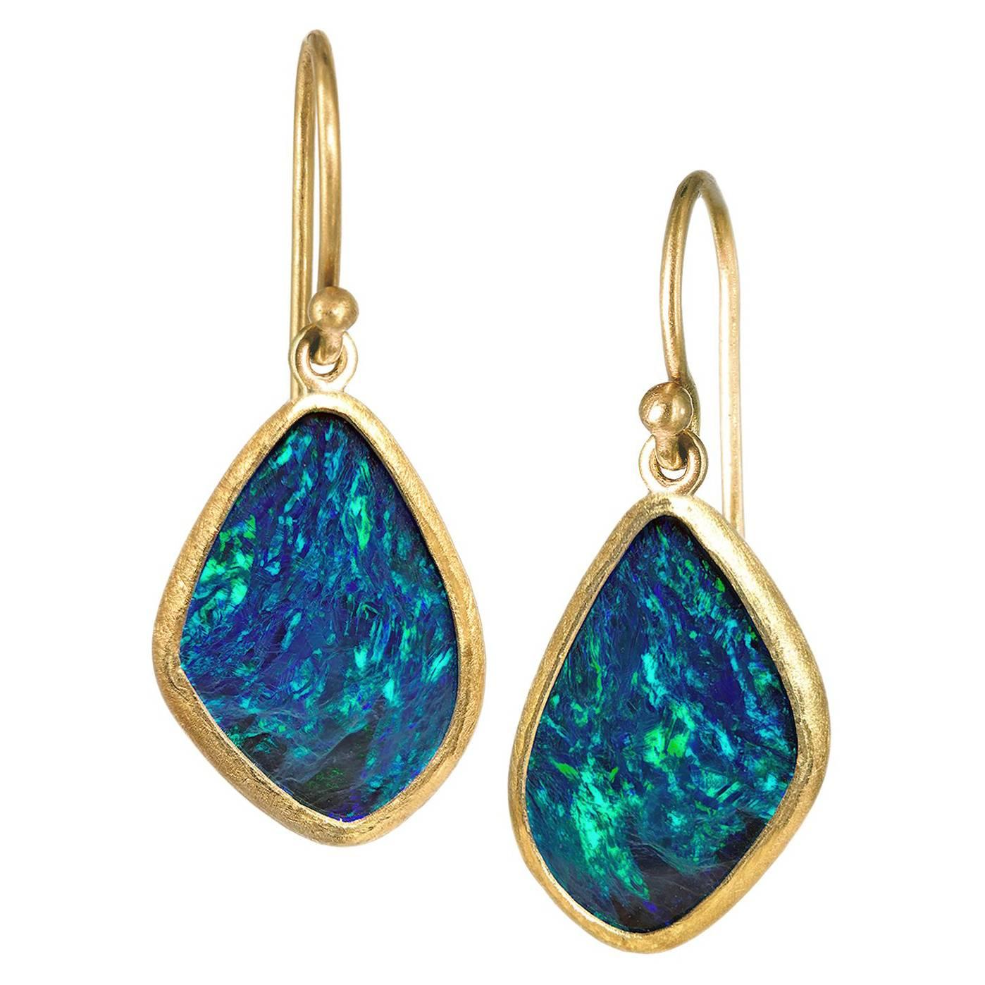 Petra Class Neon Green Flash Blue Opal Doublet Gold Dangle Drop Earrings