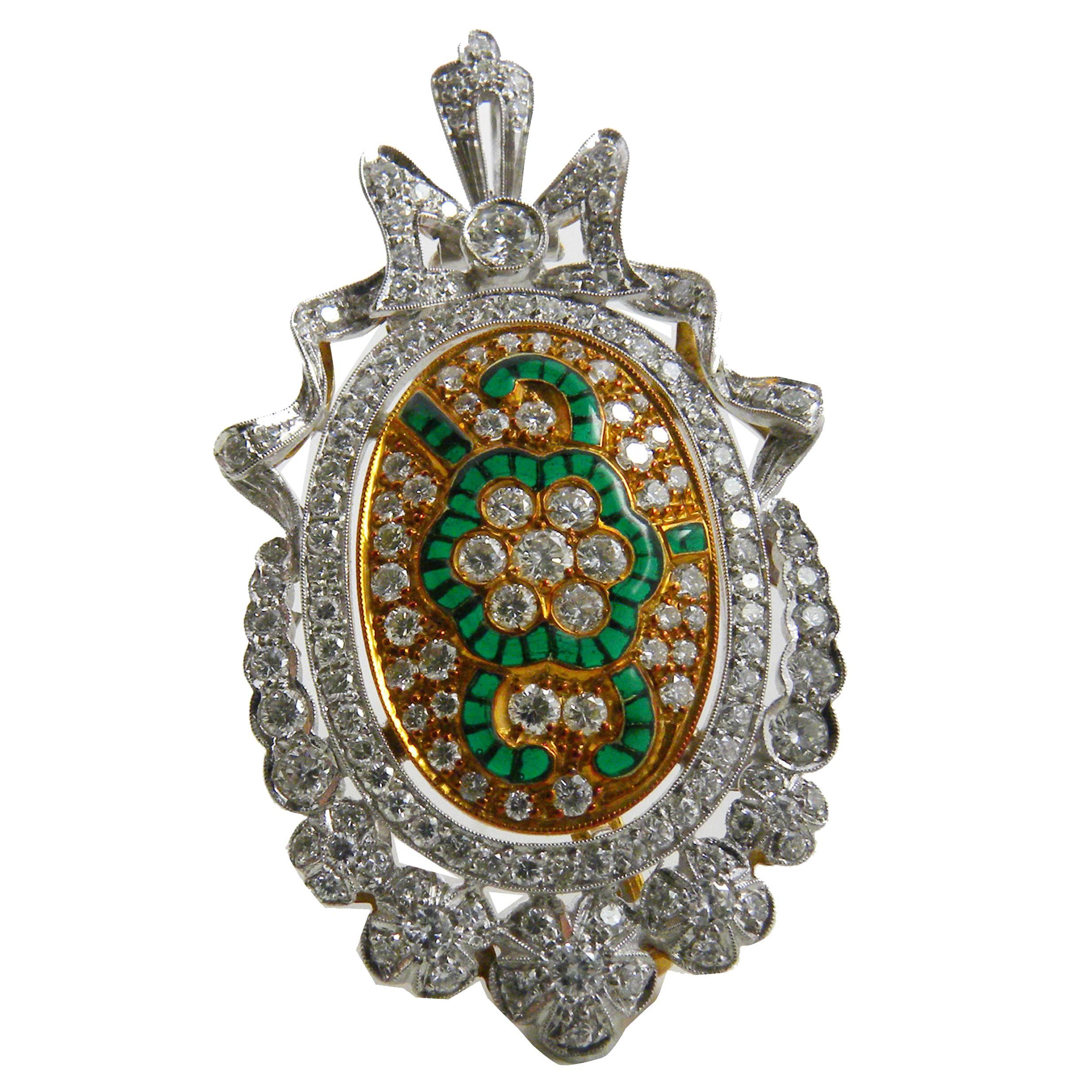 1970s French  Diamond Green Plique à Jour Enamel Brooch Pendant For Sale