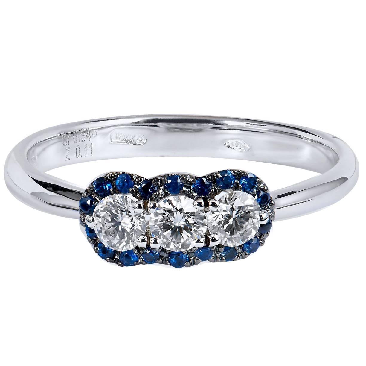 Three Diamond Blue Sapphire Pave White Gold Ring 6.5