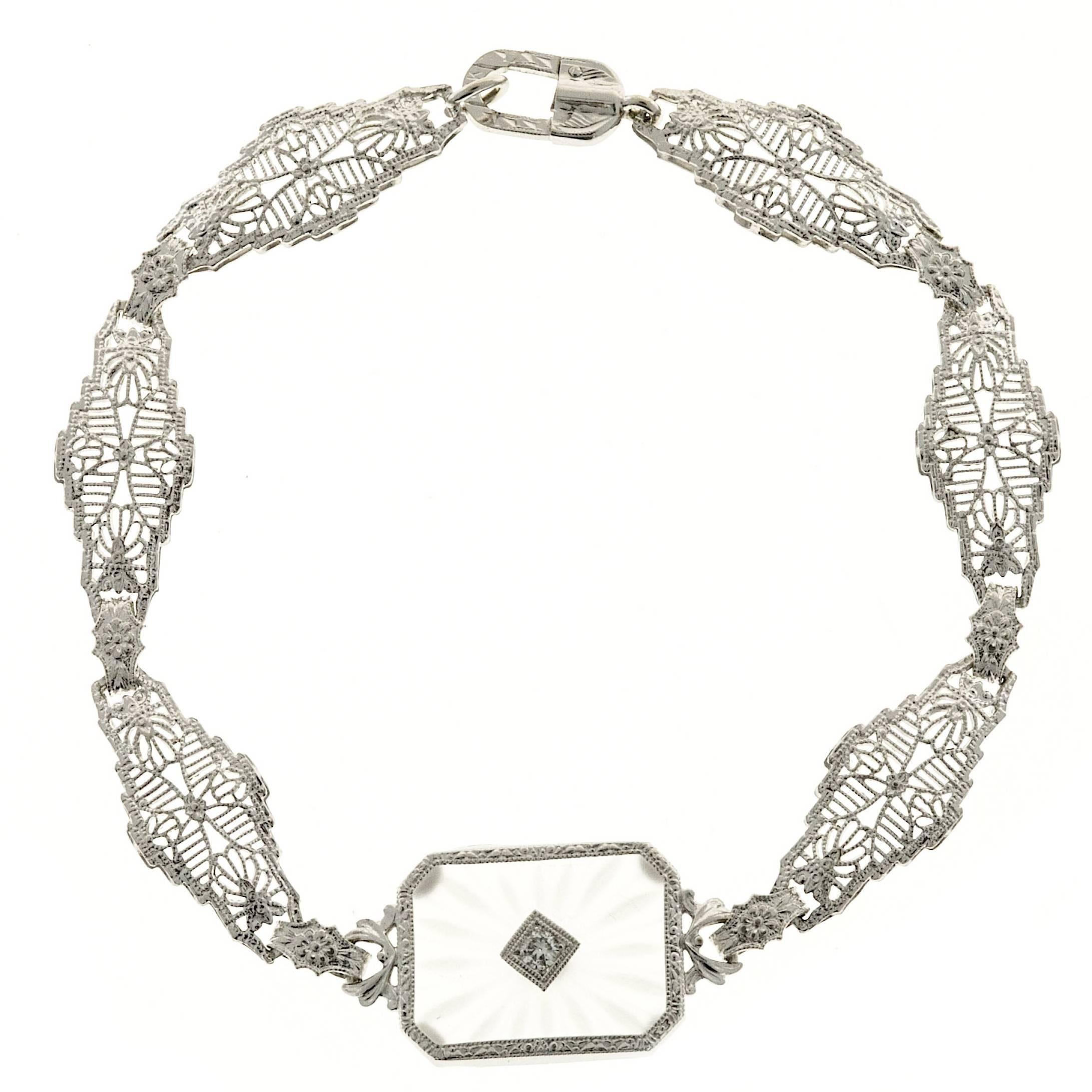 Art Deco Diamond Quartz Pierced Filigree Gold Link Bracelet