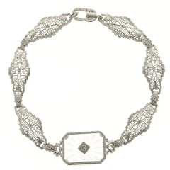 Vintage Art Deco Diamond Quartz Pierced Filigree Gold Link Bracelet