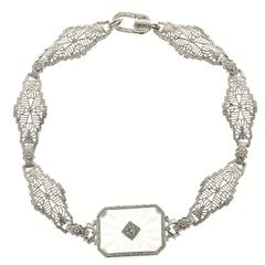 Art Deco Diamond Quartz Pierced Filigree Gold Link Bracelet 4