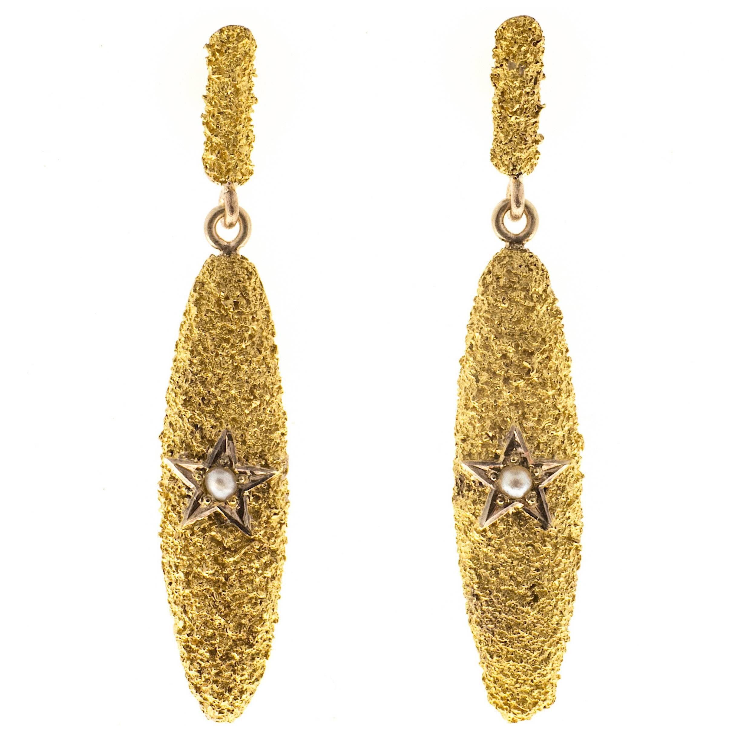 Victorian Pearl Textured Star Gold Dangle Earrings  For Sale
