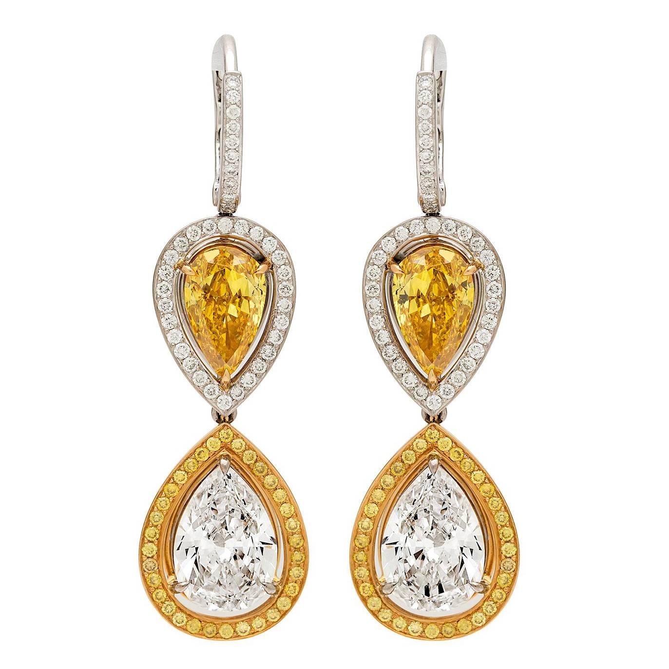 GIA Fancy Vivid Yellow Diamond Gold Earrings For Sale