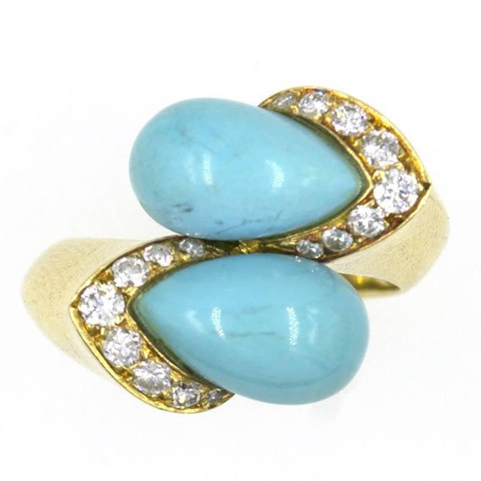 1960s Van Cleef & Arpels Turquoise Diamond Gold Bypass Ring