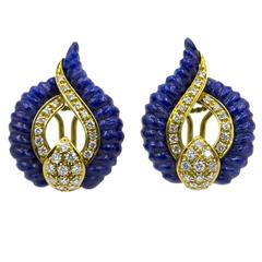 Swiss Carved Lapis Lazuli Diamond 18 Karat Yellow Gold Clip Earrings