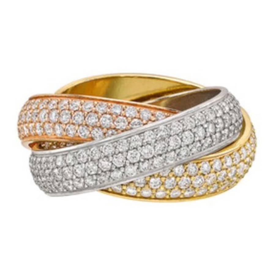 Cartier Trinity Pave Diamond Tri-Color 18 Karat Gold Ring Size 6 Box and Papers