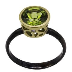 Round Peridot and Diamond Ring Gold with Oxidized Rhodium Band 11
