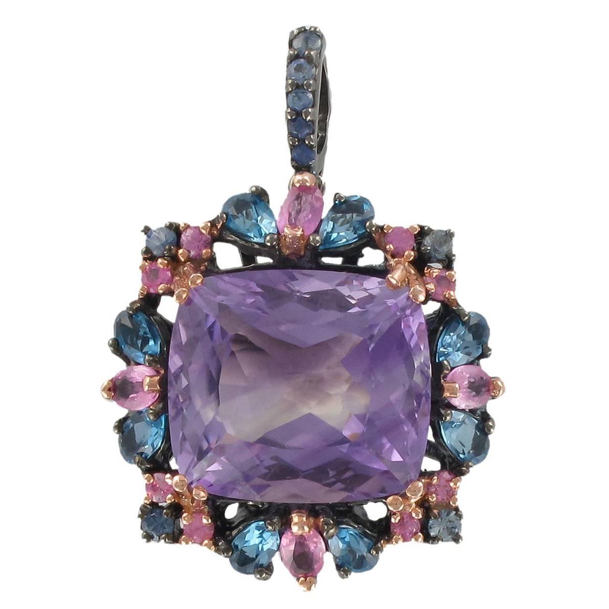 Unique Amethyst Topaz and Sapphire Pendant Brooch 
