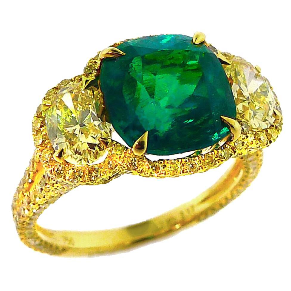 Important "Vivid Green" Natural Colombian Emerald and Fancy Yellow Diamond Ring