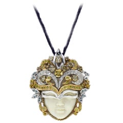 Vintage White Diamonds Blue Diamonds Venetian Mask Pendant Gold Necklace