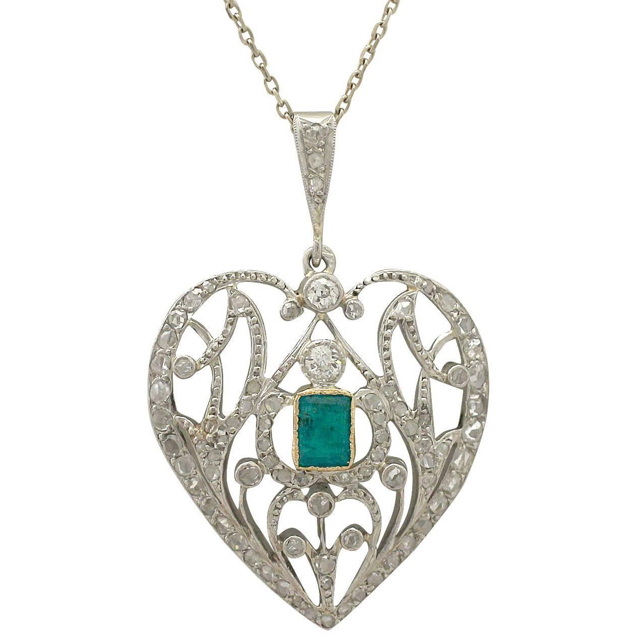 Antique 1890s 0.33 ct Emerald and 0.35 ct Diamond, 9 k White Gold Heart Pendant