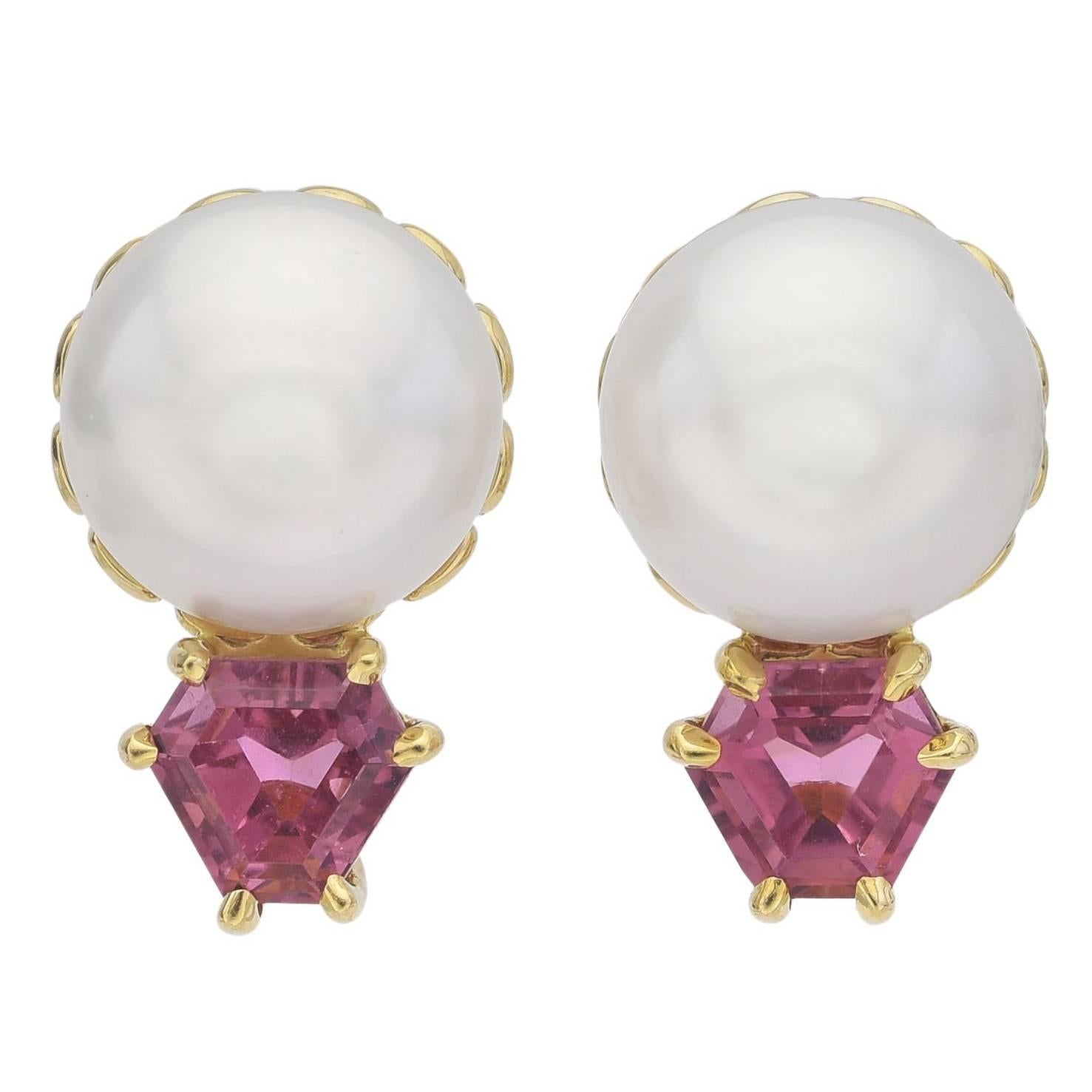 Button Pearl and Pink Tourmaline Stud Earrings