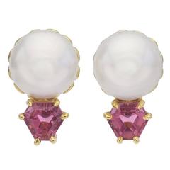 Button Pearl and Pink Tourmaline Stud Earrings 1