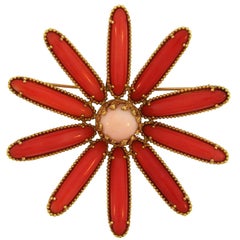 1970s Cellino Mediterranean Coral Gold Chrysanthemum Brooch Pin Clip Pendant