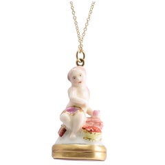 18th Century Derby Chelsea “Cupid on Pedestal with Hearts” Porcelain Fob Pendant