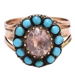 Antique Georgian Pink Topaz Turquoise Cluster Ring