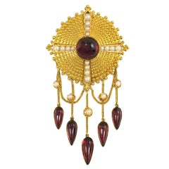 Antique French Gold, Garnet, and Pearl Pendant/Brooch with Festoon and Fringe