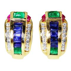 Pair of Sapphire Emerald Ruby Diamond Gold Earclips