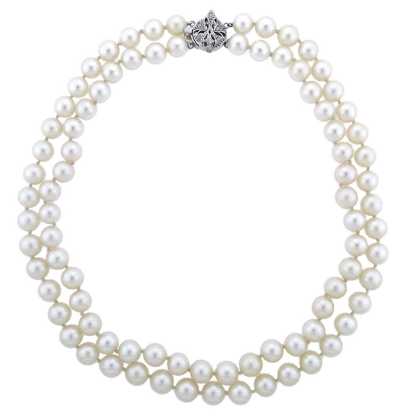 Double Strand Cultured Pearl Necklace with Gold Diamond Clasp