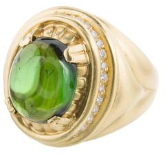 Cabochon Tourmaline Diamond Textured Gold Cocktail Ring 7
