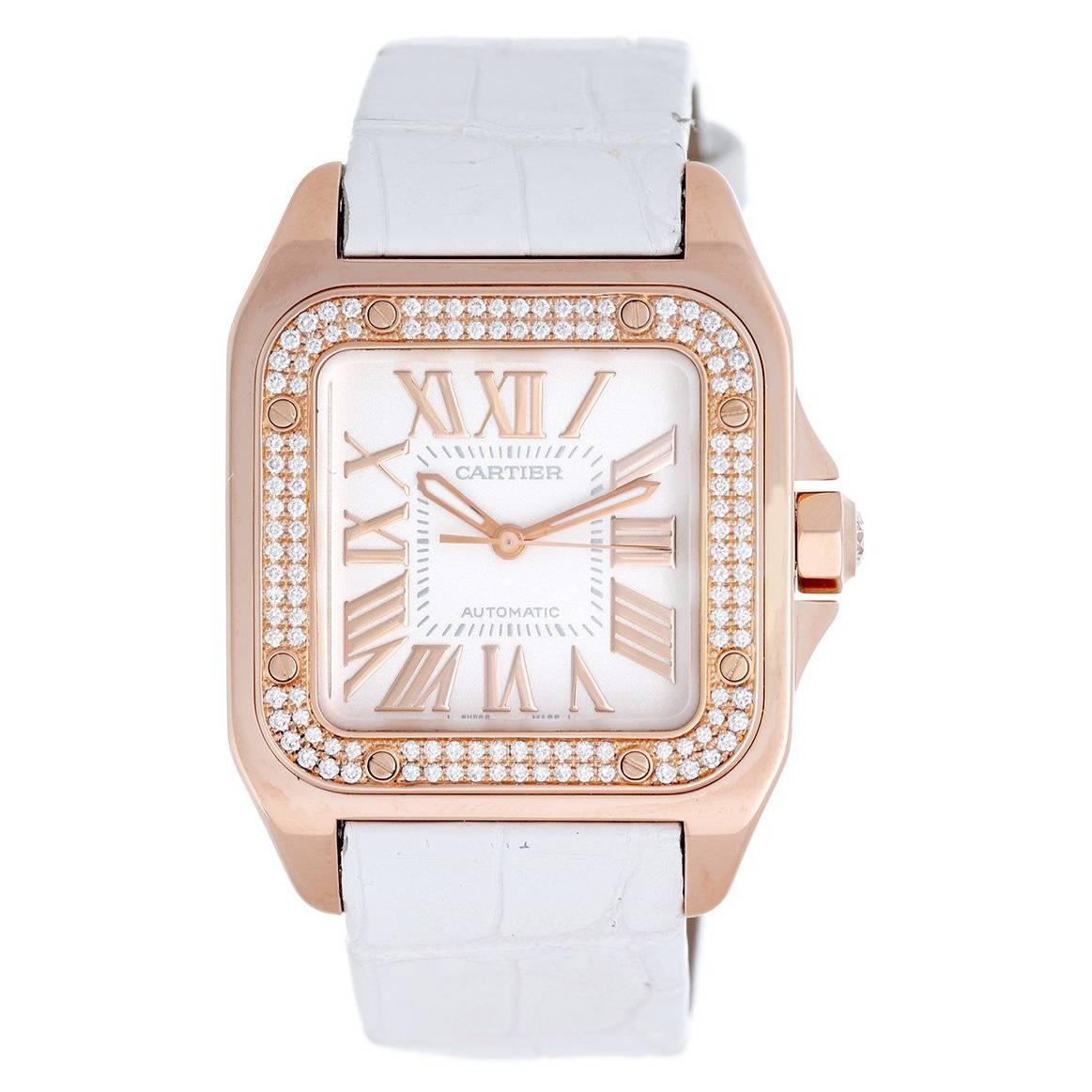 Cartier Santos 100 Rose Gold Diamond Bezel Crown Automatic winding Wristwatch