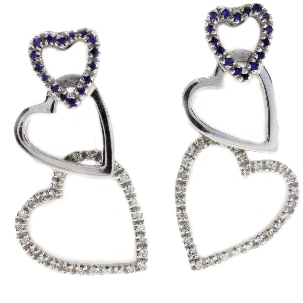 Diamond Sapphire 18 Karat White Gold Hearts Earrings For Sale