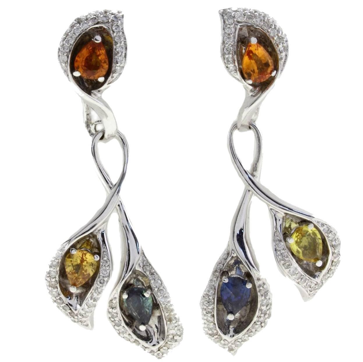 1.64 Carat Diamond and 2.83 Carat Sapphire Multi-Color Gold Earrings For Sale