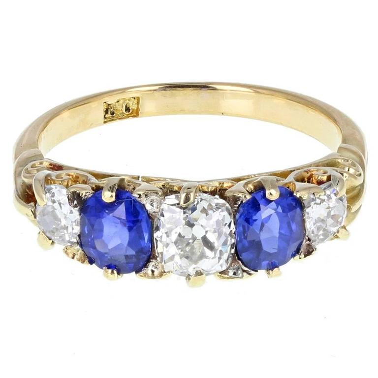 Antique Victorian Sapphire Diamond Gallery Set Five Stone Gold Ring For